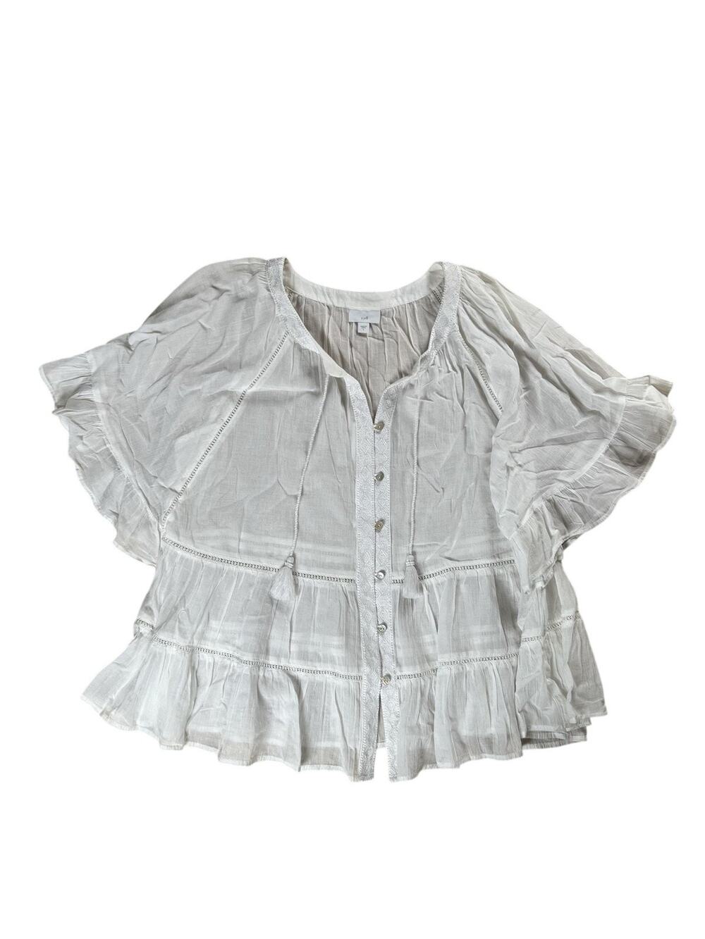 J. Jill Blouse Womens L White Kimono Flutter Sleeve Button Crochet Embroidered